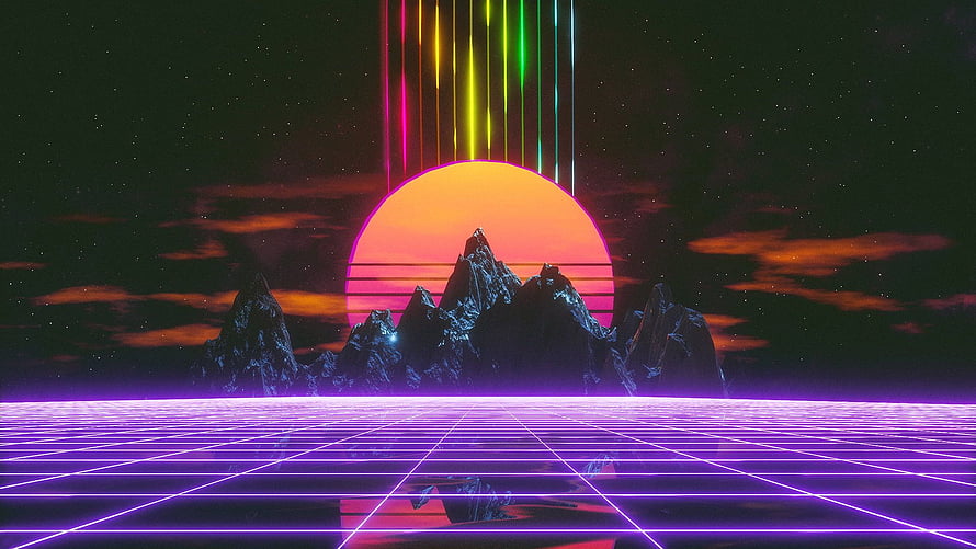 Neon Synthwave Sunset Over Rocky Mountains with Purple Grid Floor and Laser Beams HD wallpaper