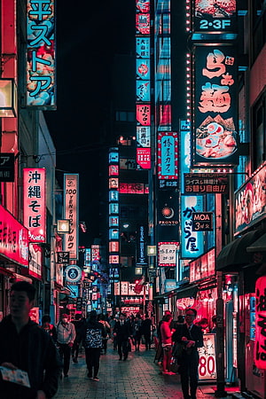 Neon-Lit Tokyo Street at Night with Vibrant Japanese Signage and Crowds HD phone wallpaper