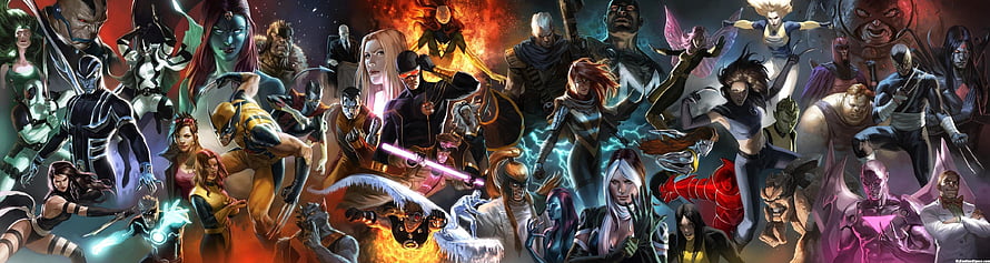 Marvel X-Men and Avengers Team-Up Comic Art Panorama HD wallpaper
