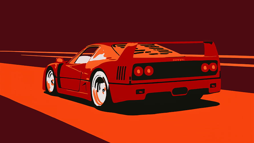 Minimalist Red Ferrari F40 Scuderia Rear View Illustration on Orange Track HD wallpaper