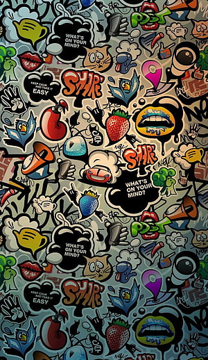 Dense Sticker Bomb Graffiti Art with Speech Bubbles and Pop Culture Icons HD phone wallpaper