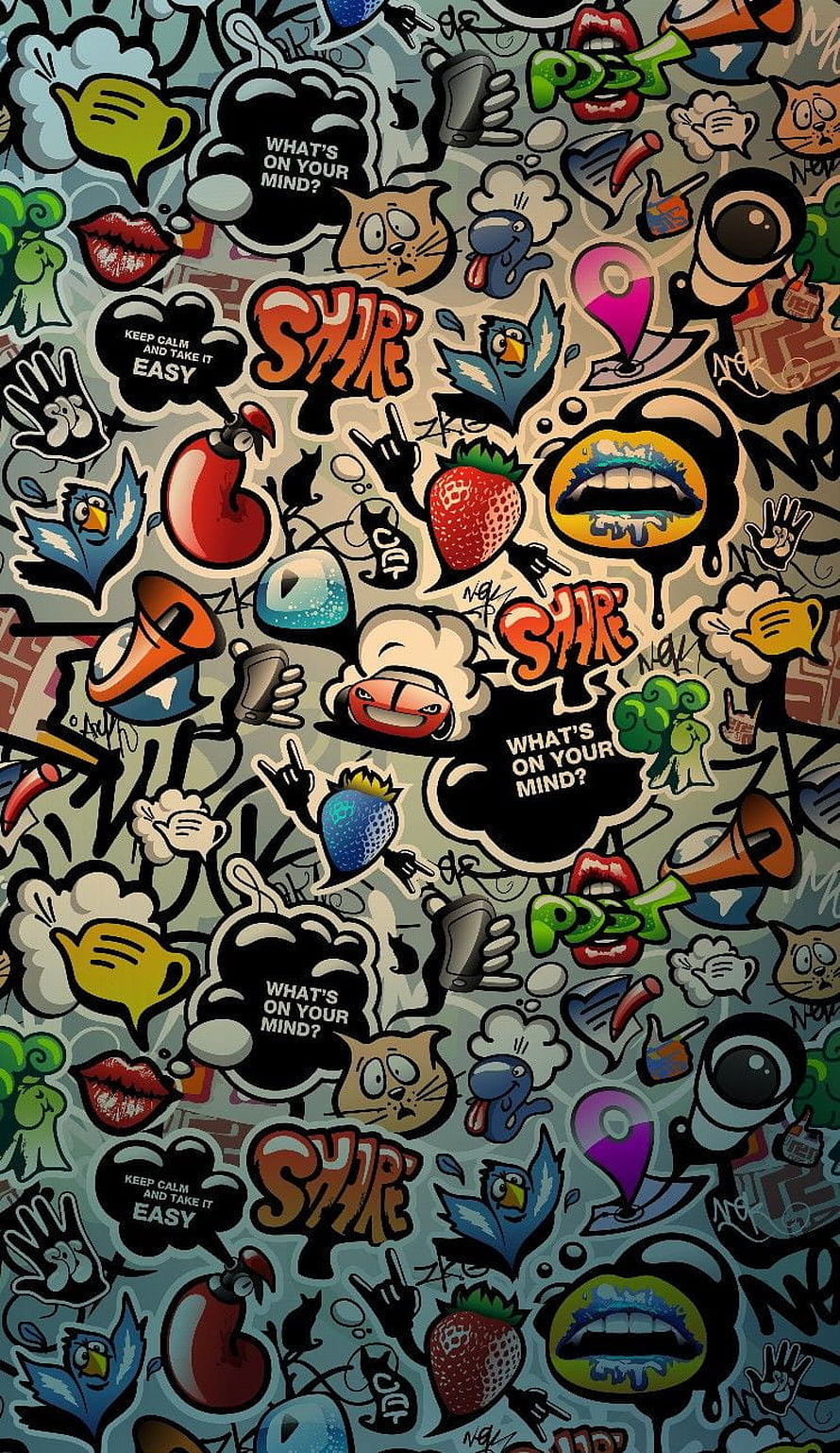 Dense Sticker Bomb Graffiti Art with Speech Bubbles and Pop Culture Icons HD phone wallpaper