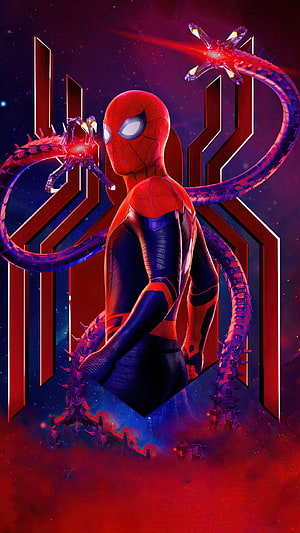 Spider-Man 2099 in futuristic red and blue suit with mechanical spider arms against cosmic background, Spiderman No Way Home Full Screen • For You, Spider Man No Way Home HD phone wallpaper