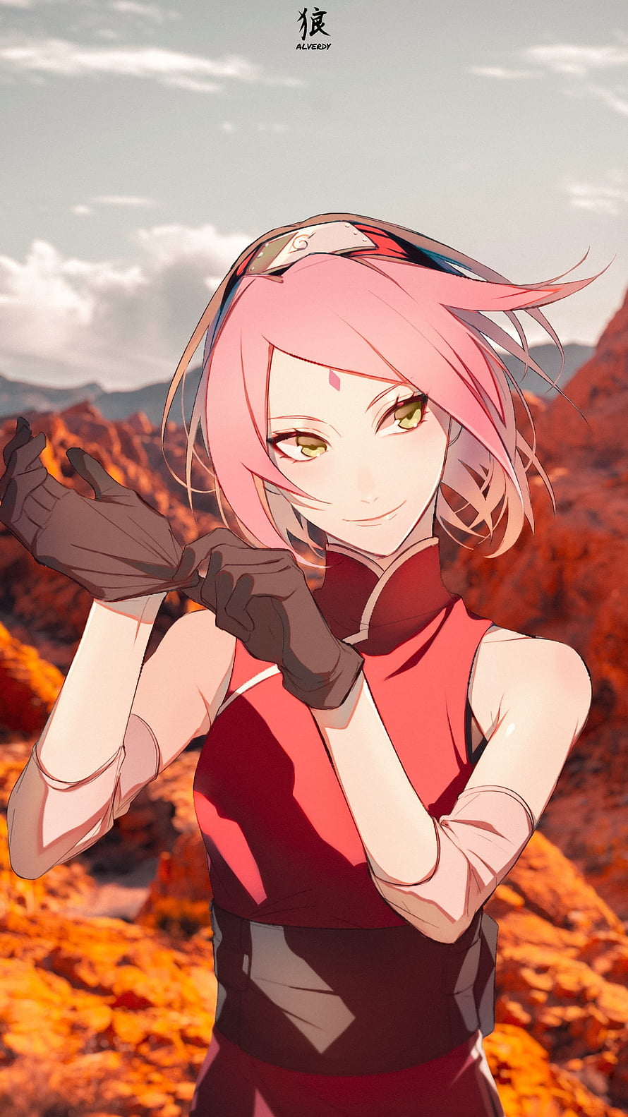 Sakura Haruno from Naruto Shippuden in a desert landscape wearing a red outfit and headband HD phone wallpaper