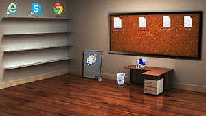 3D Office Room Desktop Wallpaper with Shelves, Corkboard, and Computer Icons HD wallpaper