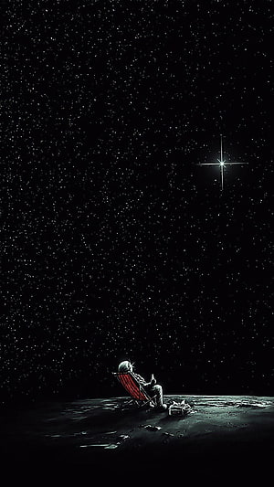Astronaut Relaxing in a Red Chair Under a Starry Night Sky HD phone wallpaper