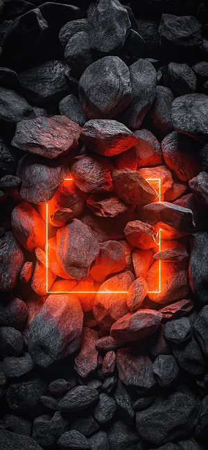 Glowing Embers and Neon Geometric Frame on Dark Charcoal Rocks HD phone wallpaper