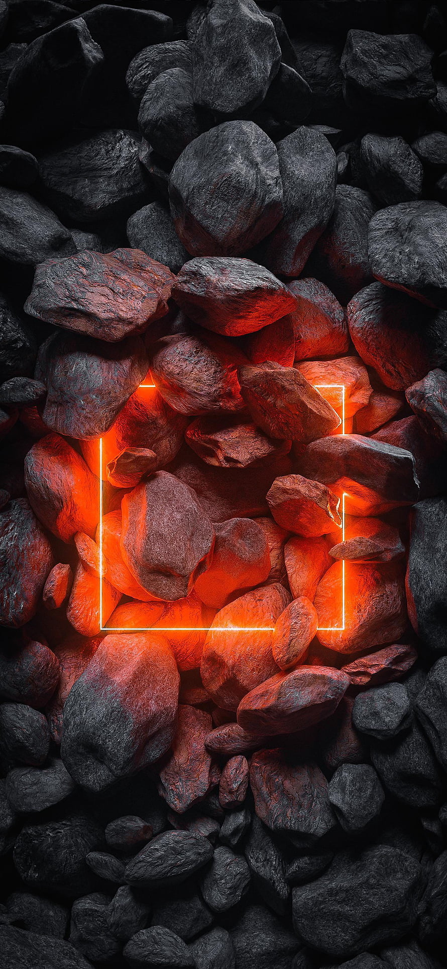 Glowing Embers and Neon Geometric Frame on Dark Charcoal Rocks HD phone wallpaper