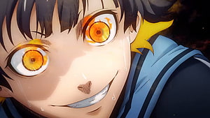 Blue Lock Anime Character Close-Up With Intense Orange Eyes And Determined Expression HD wallpaper