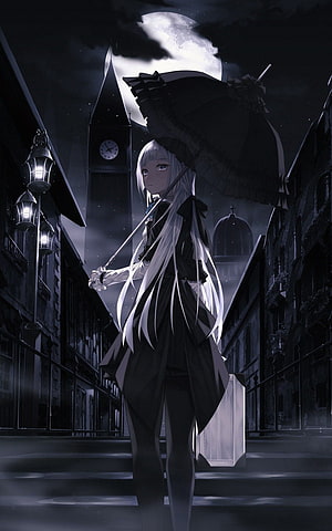 Anime Girl With White Hair Holding Black Umbrella Under Full Moon HD phone wallpaper