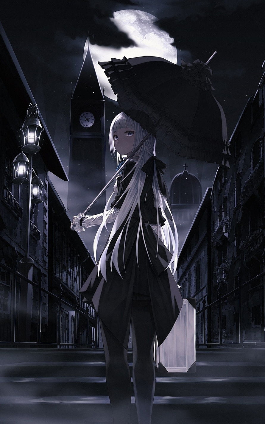 Anime Girl With White Hair Holding Black Umbrella Under Full Moon HD phone wallpaper