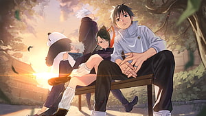 Jujutsu Kaisen Characters Relaxing on a Bench at Golden Hour HD wallpaper