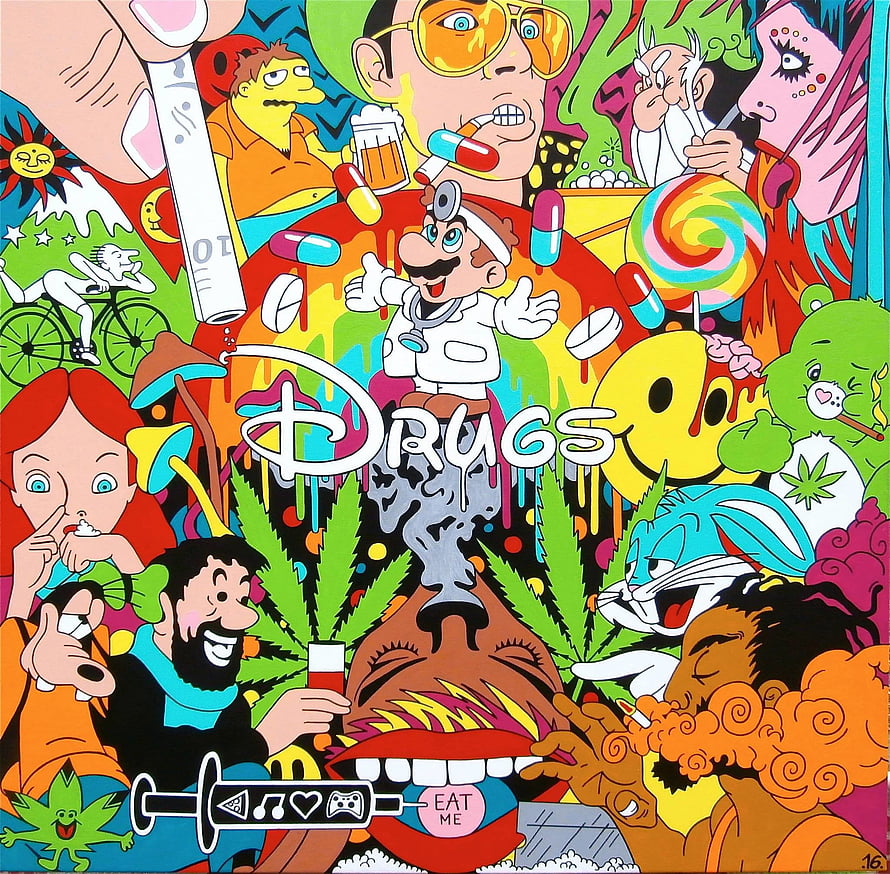 Psychedelic Disney Drug Parody Art Featuring Mario, Bugs Bunny, and Ariel in Acid Trip Style HD wallpaper