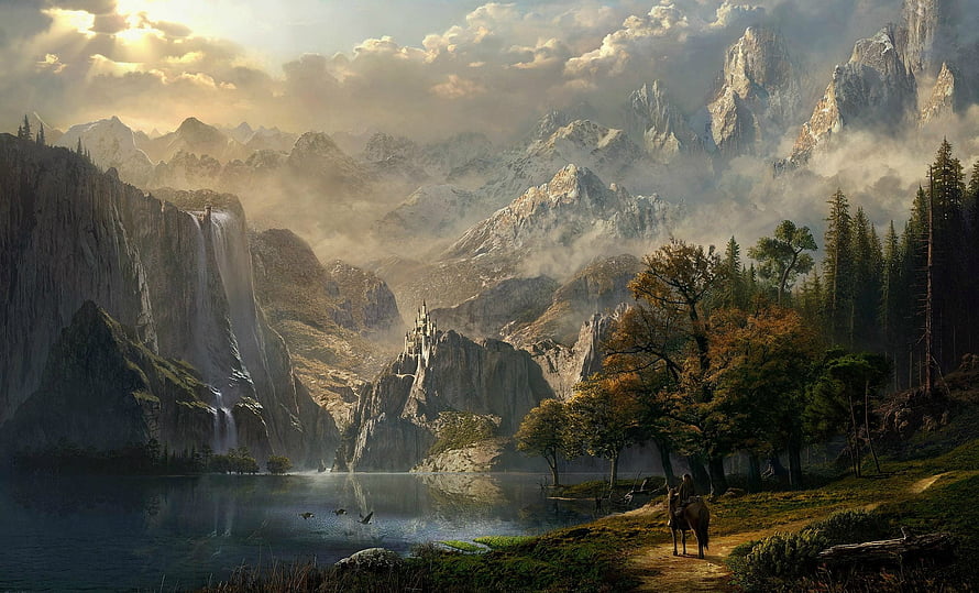 Lord of the Rings Fantasy Landscape with Mountain Castle and Lake HD wallpaper