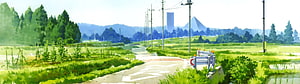 Serene Japanese Countryside Road with Rice Paddies and Distant Mountains in Anime Style HD wallpaper