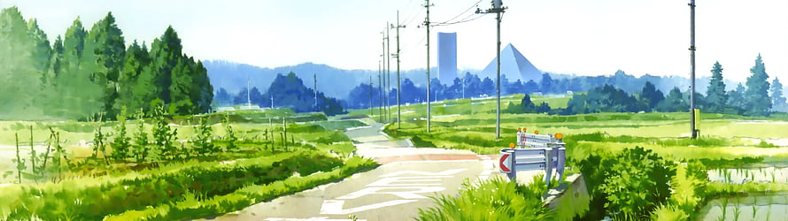 Serene Japanese Countryside Road with Rice Paddies and Distant Mountains in Anime Style HD wallpaper