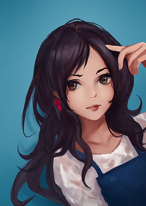 Anime Girl Portrait with Long Dark Hair and Red Earring HD phone wallpaper