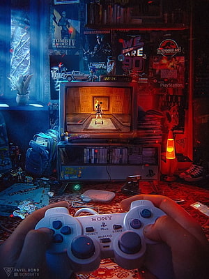 Retro Gaming Setup with PlayStation Controller and CRT TV in Neon-Lit Room HD phone wallpaper