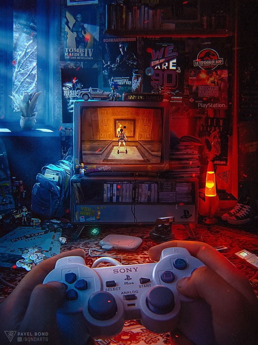 Retro Gaming Setup with PlayStation Controller and CRT TV in Neon-Lit Room HD phone wallpaper