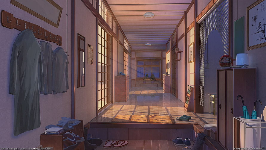Cozy Japanese House Interior with Warm Evening Light and Traditional Sliding Doors HD wallpaper