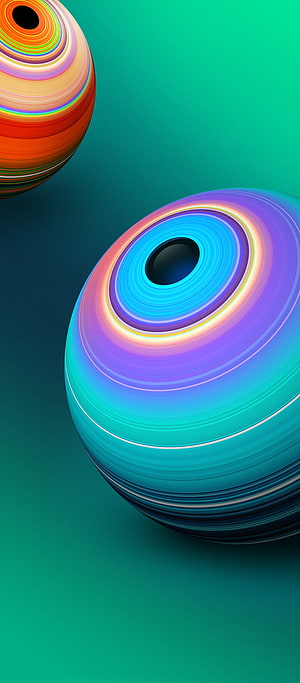 Abstract 3D Render of Colorful Swirling Spheres with Neon Rings on Teal Background HD phone wallpaper