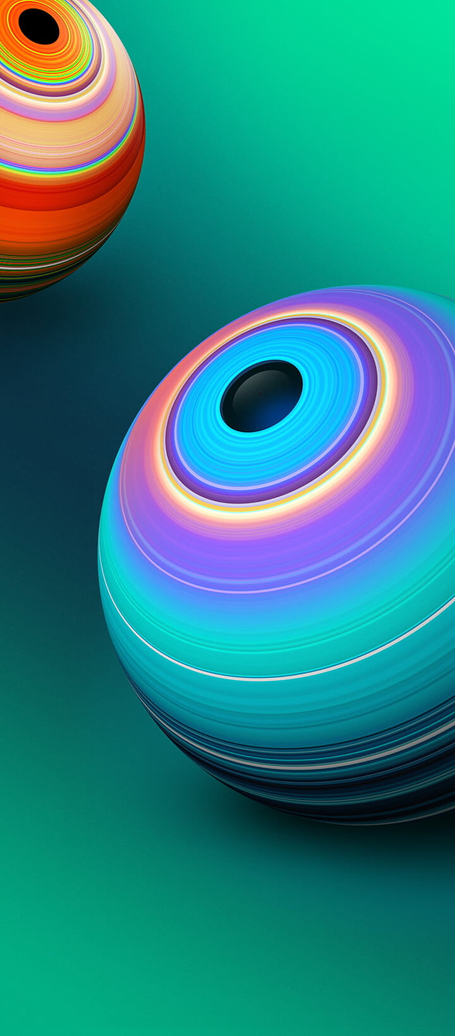 Abstract 3D Render of Colorful Swirling Spheres with Neon Rings on Teal Background HD phone wallpaper