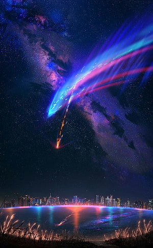 Futuristic city skyline under a vibrant cosmic sky with a glowing meteor streaking through the stars HD phone wallpaper