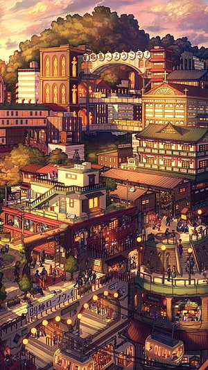 Vibrant Japanese Cityscape at Dusk with Cable Cars and Traditional Architecture HD phone wallpaper