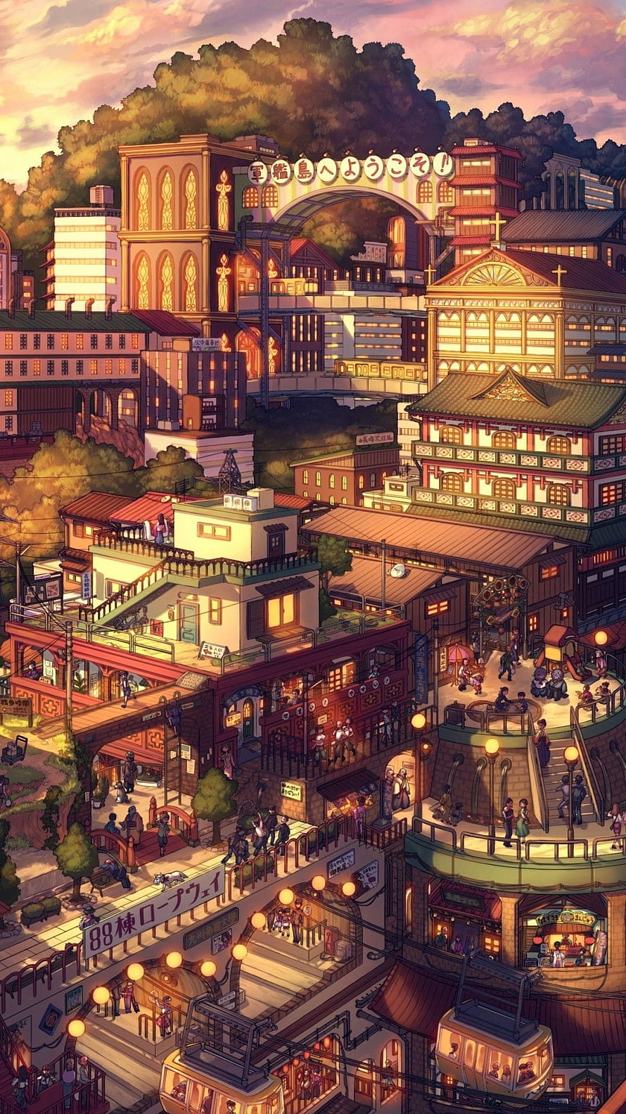 Vibrant Japanese Cityscape at Dusk with Cable Cars and Traditional Architecture HD phone wallpaper