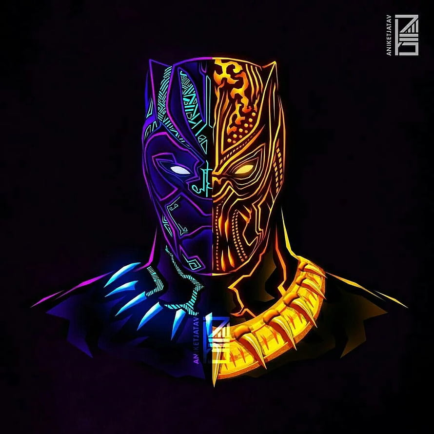 Black Panther and Killmonger Neon Split Face Digital Art HD phone wallpaper