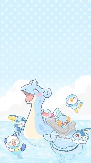 Cute Chibi Pokemon Water Type Group Swimming in a Bright Blue Ocean HD phone wallpaper
