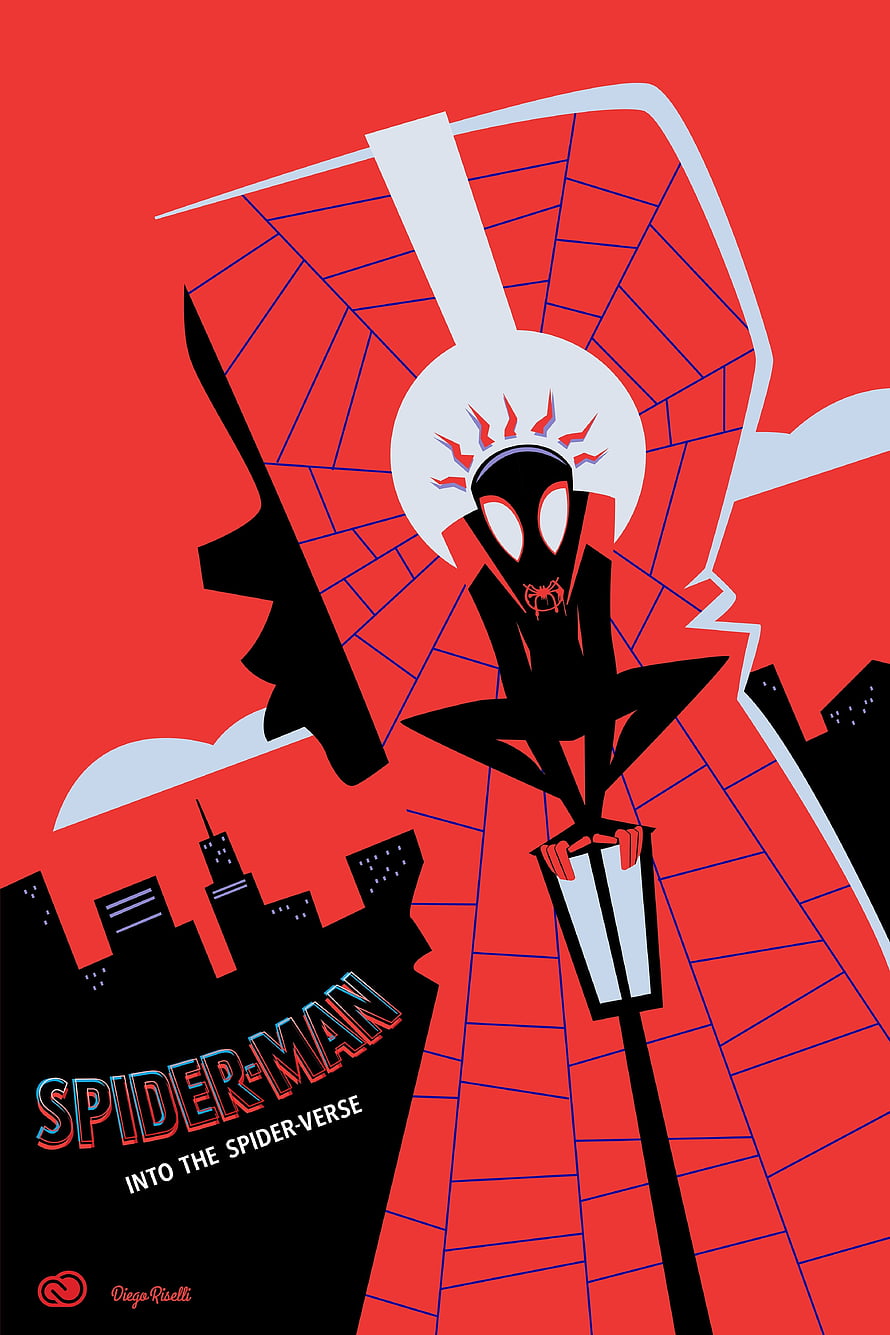 Miles Morales Silhouette Perched on Streetlamp in Spider-Verse Style HD phone wallpaper