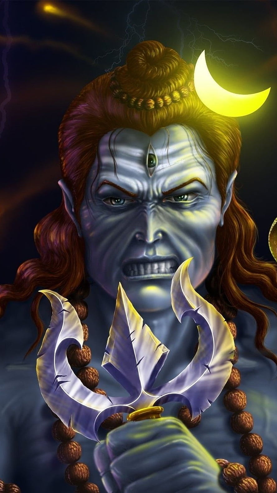 Blue Skinned Hindu Deity Holding Trishul Under Crescent Moon HD phone wallpaper