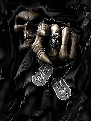 Grim Reaper Skeleton Hand Holding Dog Tags with Skull Ring in Dark Hooded Cloak HD phone wallpaper