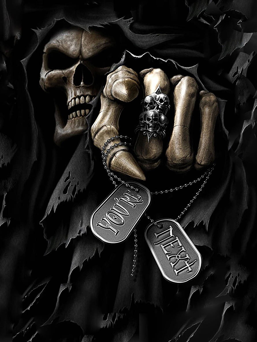 Grim Reaper Skeleton Hand Holding Dog Tags with Skull Ring in Dark Hooded Cloak HD phone wallpaper
