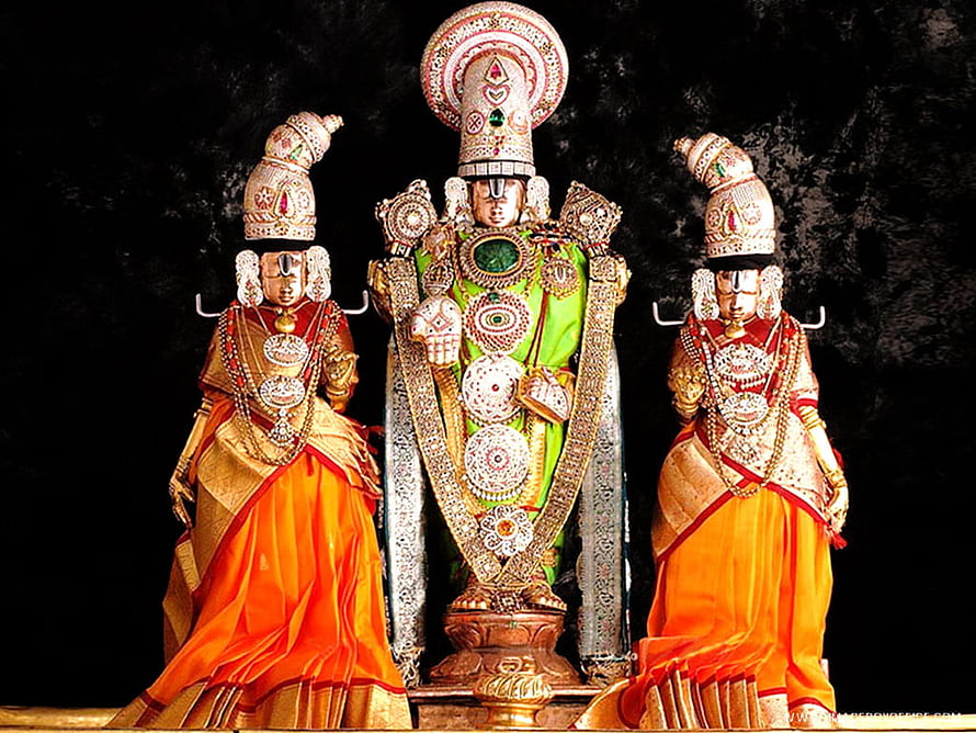 Hindu Deity Statues Adorned in Traditional Silk Sarees and Gold Jewelry HD wallpaper
