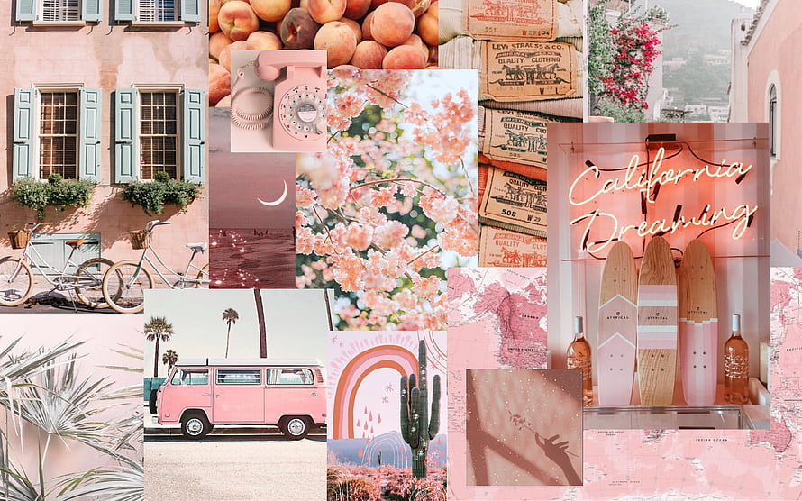 Pink Aesthetic Collage Featuring California Dreaming, Vintage Van, and Pastel Florals HD wallpaper
