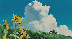 My Neighbor Totoro Sunflower Field and Cyclist Under Cumulus Clouds HD wallpaper
