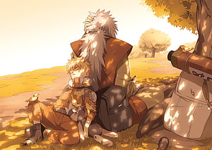 Naruto and Jiraiya relaxing together in a sunny autumn field with birds HD wallpaper