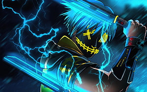 Sonic the Hedgehog wearing a yellow stitched mask wielding dual glowing blue swords with lightning HD wallpaper