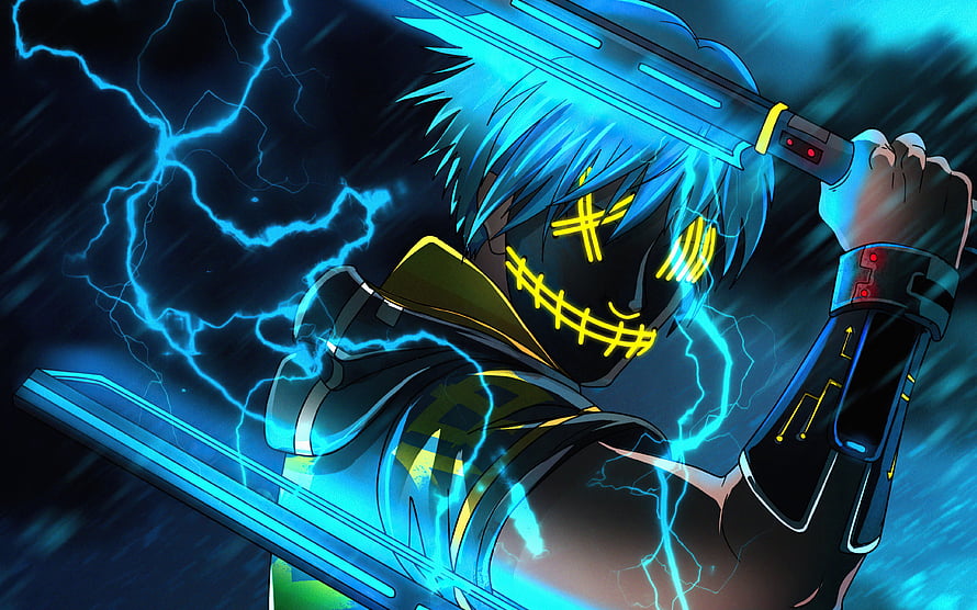 Sonic the Hedgehog wearing a yellow stitched mask wielding dual glowing blue swords with lightning HD wallpaper