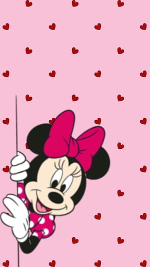 Minnie Mouse Peeking From Behind A Pole On A Pink Heart Patterned Background HD phone wallpaper