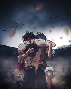 Sanji and Zoro embracing from behind with a large wound on Sanji's back in a dramatic anime scene HD phone wallpaper