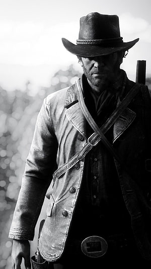 Arthur Morgan from Red Dead Redemption 2 in black and white portrait wearing cowboy hat and jacket HD phone wallpaper
