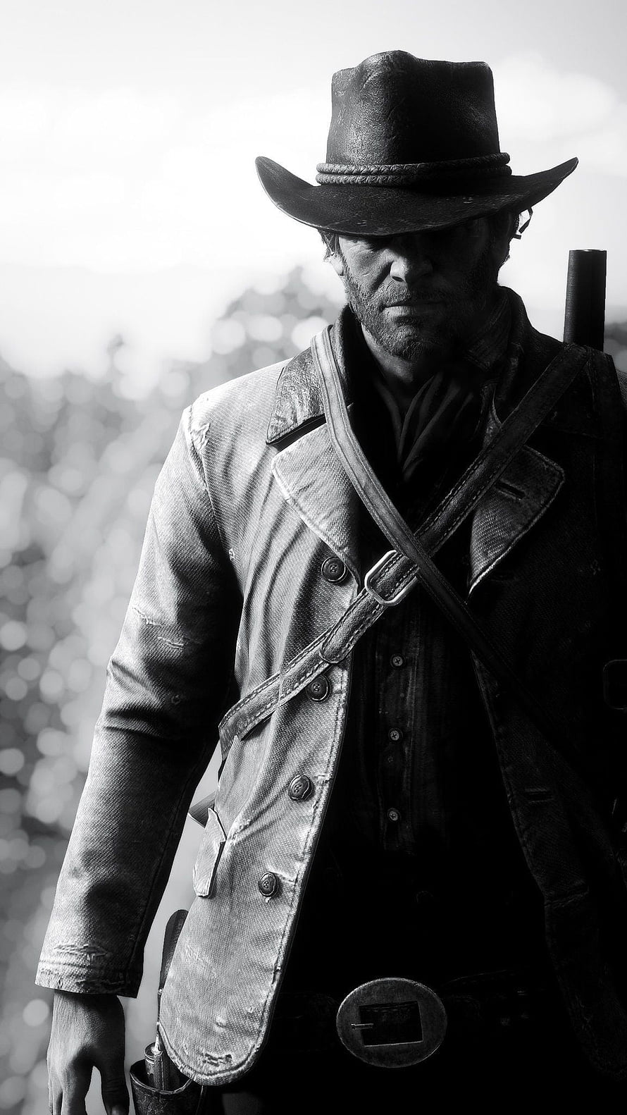Arthur Morgan from Red Dead Redemption 2 in black and white portrait wearing cowboy hat and jacket HD phone wallpaper