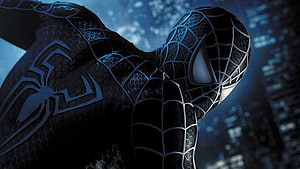 Black Spider-Man Suit Close-Up with Glowing Web Pattern and City Skyline, Black Spiderman For PC, Dark Spiderman HD wallpaper