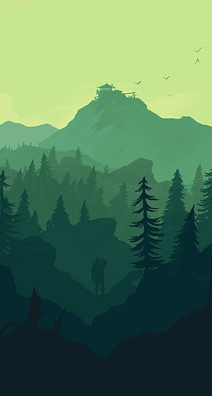 Silhouette of a lone hiker in a dark pine forest looking up at a mountain peak with a wooden shelter HD phone wallpaper