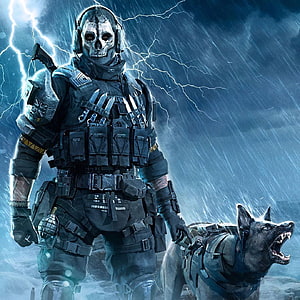 Captain Price and his dog in tactical gear standing in a stormy battlefield with lightning HD wallpaper