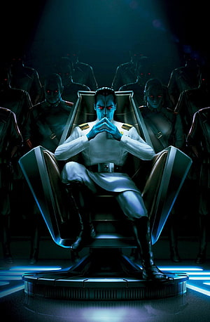 Grand Admiral Thrawn Seated in Command Chair with Starfleet Officers in Dark Sci-Fi Scene HD phone wallpaper