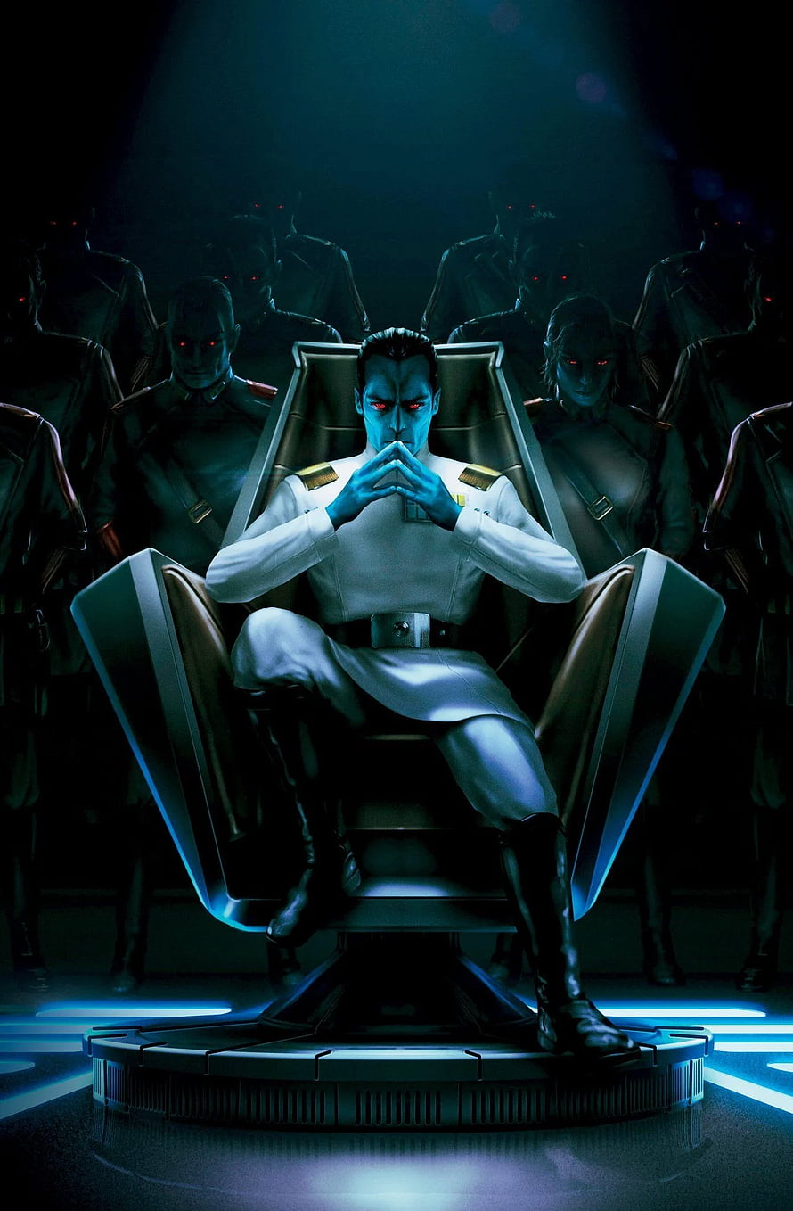 Grand Admiral Thrawn Seated in Command Chair with Starfleet Officers in Dark Sci-Fi Scene HD phone wallpaper